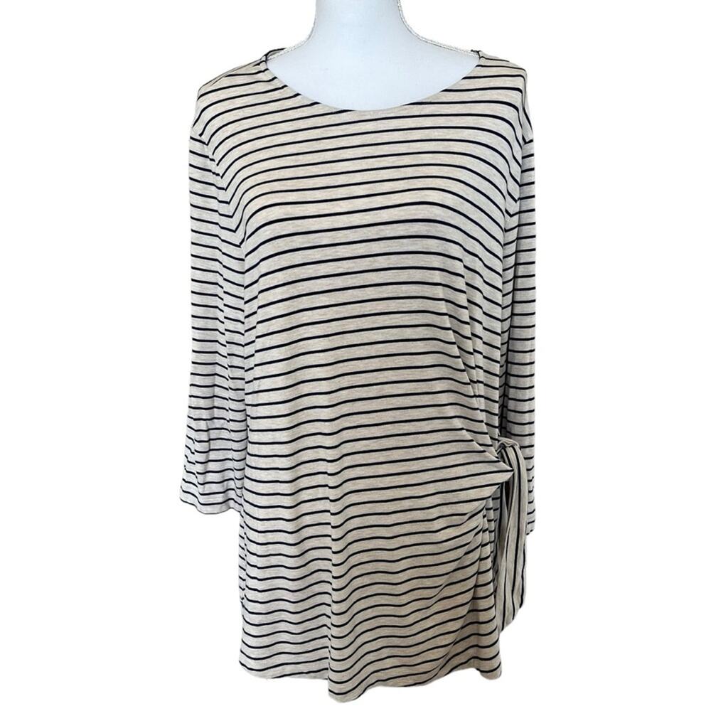 Chico’s Top Tee Tunic Size 3 XL Tie Front Striped Tan Navy 3/4 Sleeves Knit